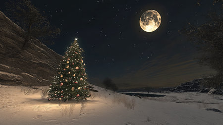 A serene winter night scene with a full moon illuminating a snow-covered landscape and a decorated Christmas tree.の素材