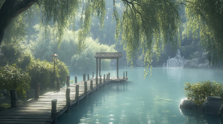 A serene riverside scene with a wooden dock extending over calm waters, surrounded by lush greenery.の素材