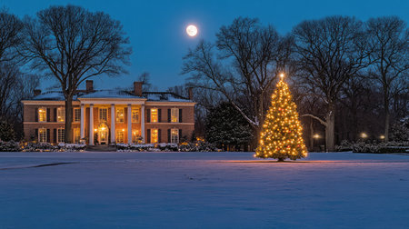 A serene winter night scene with a full moon illuminating a snow-covered landscape and a decorated Christmas tree.の素材