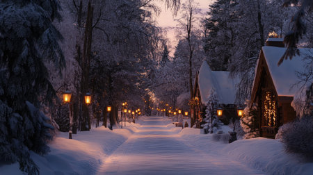 A serene winter landscape featuring a snow-covered path lined with lanterns leading to a decorated cabin.の素材