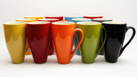 A set of colorful ceramic coffee mugs arranged in a row on a white background, showcasing their vibrant hues and glossy finish.の素材