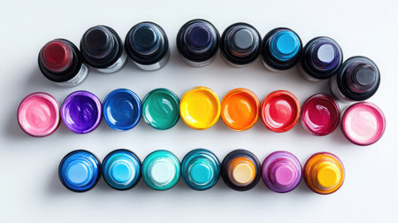 A set of watercolor paint tubes arranged in a semicircle on a white background, showcasing their vibrant pigments.の素材