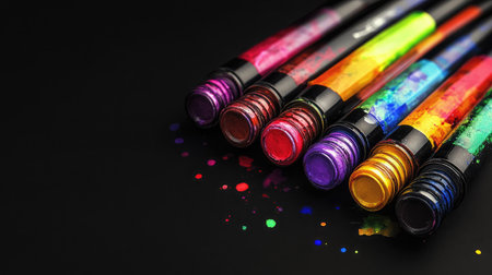 A set of watercolor paint tubes arranged in a semicircle on a black background, showcasing their vibrant pigments.の素材