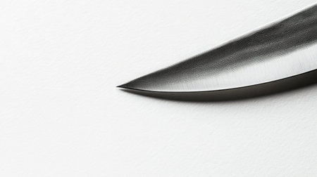 A sleek stainless steel kitchen knife with a sharp blade, isolated on a white background, showcasing its precision and design.の素材