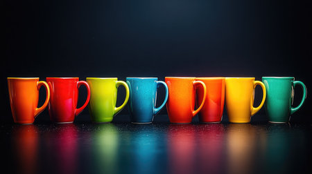 A set of colorful ceramic coffee mugs arranged in a row on a black background, showcasing their vibrant hues and glossy finish.の素材