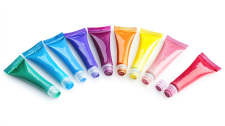 A set of watercolor paint tubes arranged in a semicircle on a white background, showcasing their vibrant pigments.の素材