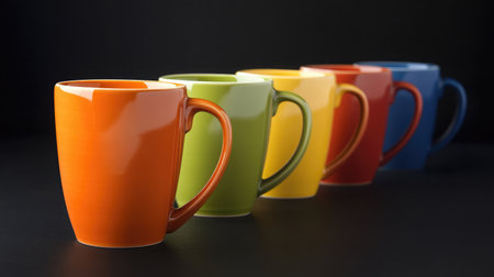 A set of colorful ceramic coffee mugs arranged in a row on a black background, showcasing their vibrant hues and glossy finish.の素材