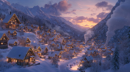 A snowy village scene at dusk, with charming cottages adorned with Christmas lights and smoke rising from chimneys.の素材