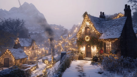 A snowy village scene at dusk, with charming cottages adorned with Christmas lights and smoke rising from chimneys.の素材