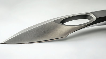 A sleek stainless steel kitchen knife with a sharp blade, isolated on a white background, showcasing its precision and design.の素材