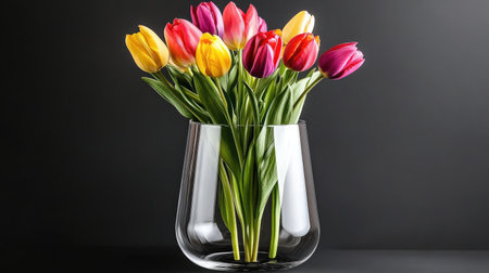 A transparent glass vase filled with fresh tulips, set against a black background to highlight the vibrant colors of the flowers.の素材