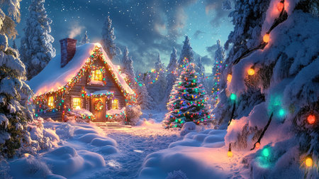 A snow-covered cottage illuminated by colorful Christmas lights, nestled in a serene winter landscape under a starlit sky.の素材