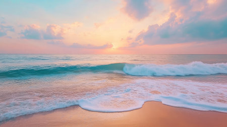 A tranquil beach scene with gentle waves lapping against the shore, under a sky painted with pastel-colored clouds.の素材