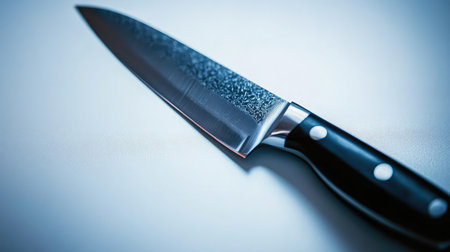 A sleek stainless steel kitchen knife with a sharp blade, isolated on a white background, showcasing its precision and design.の素材
