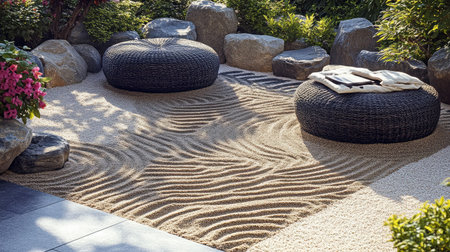 A tranquil zen garden with meticulously raked sand patterns and strategically placed smooth stones.の素材