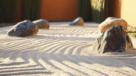 A tranquil zen garden with meticulously raked sand patterns and strategically placed smooth stones.の素材