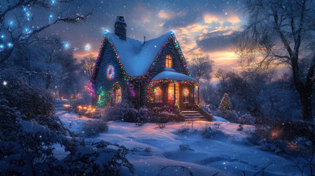 A snow-covered cottage illuminated by colorful Christmas lights, nestled in a serene winter landscape under a starlit sky.の素材