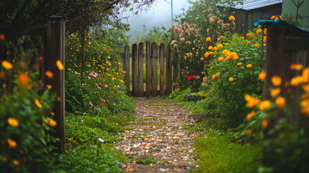 A tranquil garden pathway lined with blooming flowers and lush greenery, leading to a quaint wooden gate.の素材
