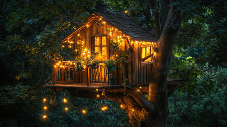 A whimsical treehouse nestled among lush green branches, adorned with fairy lights and tiny potted plants on its wooden balcony.の素材