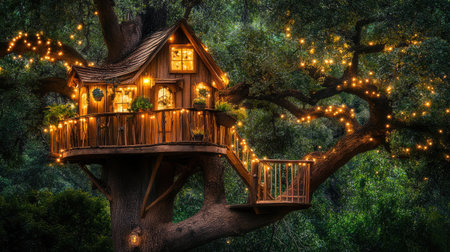 A whimsical treehouse nestled among lush green branches, adorned with fairy lights and tiny potted plants on its wooden balcony.の素材