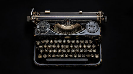 A vintage typewriter with round keys, isolated on a black background, emphasizing its classic design and nostalgic appeal.の素材