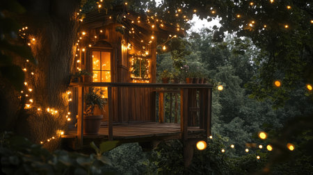 A whimsical treehouse nestled among lush green branches, adorned with fairy lights and tiny potted plants on its wooden balcony.の素材