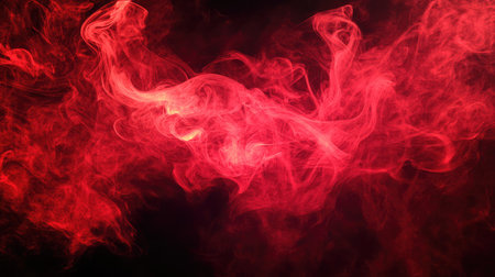 An abstract composition of swirling red smoke patterns on a black backdrop, creating a sense of mystery and depth.の素材