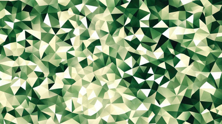 An abstract geometric pattern featuring various shades of green triangles and polygons, creating a modern and dynamic background.の素材