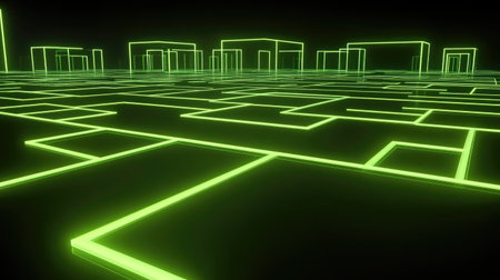 An abstract digital rendering of neon green lines forming a grid pattern on a dark background, evoking a futuristic and technological feel.の素材