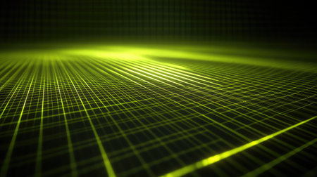 An abstract digital rendering of neon green lines forming a grid pattern on a dark background, evoking a futuristic and technological feel.の素材