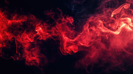 An abstract composition of swirling red smoke patterns on a black backdrop, creating a sense of mystery and depth.の素材