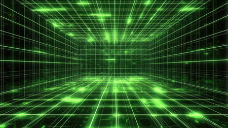 An abstract digital rendering of neon green lines forming a grid pattern on a dark background, evoking a futuristic and technological feel.の素材