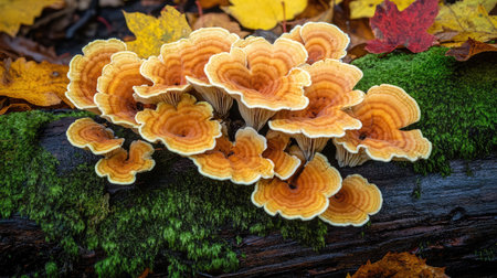 A close-up of a cluster of mushrooms growing on a mossy log, framed by fallen leaves in various shades of orange and yellow.の素材