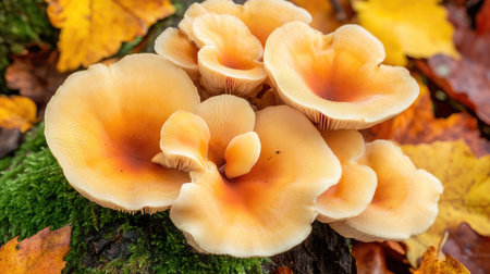 A close-up of a cluster of mushrooms growing on a mossy log, framed by fallen leaves in various shades of orange and yellow.の素材