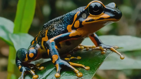 A close-up of a blue poison arrow frog on a leaf, its vibrant skin patterns contrasting with the green foliage.の素材