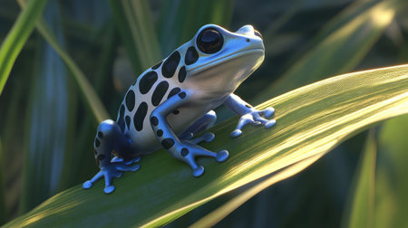 A close-up of a blue poison dart frog on a leaf, its vibrant skin patterns contrasting with the green foliage.の素材