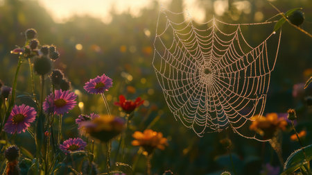 A close-up of a dew-covered spider web glistening in the early morning light, set against a blurred background of wildflowers.の素材