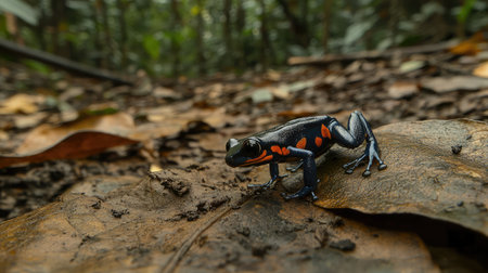 A close-up of a blue poison arrow frog on a leaf, its vibrant skin patterns contrasting with the green foliage.の素材