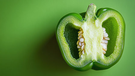 A close-up of a green bell pepper sliced in half, revealing its seeds and inner texture against a matching green background.の素材