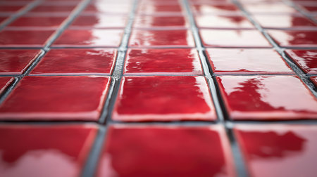 An image of red mosaic tiles arranged in a symmetrical pattern, reflecting light and creating a vibrant visual effect.の素材
