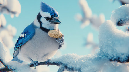 A close-up of a blue jay holding a peanut in its beak, perched on a snow-covered branch against a clear blue sky.の素材