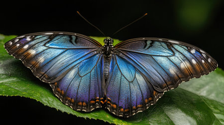 A close-up of a blue morpho butterfly with wings spread, resting on a leaf, showcasing its iridescent blue scales.の素材