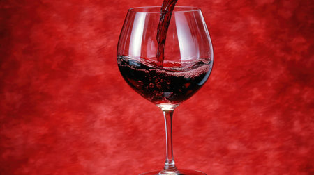 An image of red wine being poured into a glass, with droplets captured mid-air against a deep red background, appealing to wine enthusiasts.の素材
