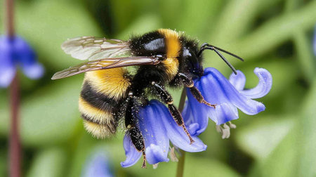 A close-up of a honeybee collecting nectar from a bluebell flower, with pollen visible on its legs and wings in mid-flutter.の素材