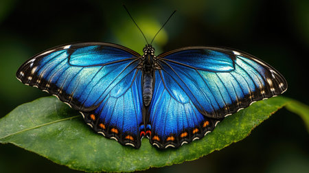A close-up of a blue morpho butterfly with wings spread, resting on a leaf, showcasing its iridescent blue scales.の素材