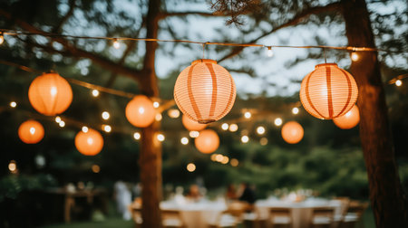 An image of red paper lanterns hanging in a row, illuminated softly, creating a festive and cultural ambiance.の素材