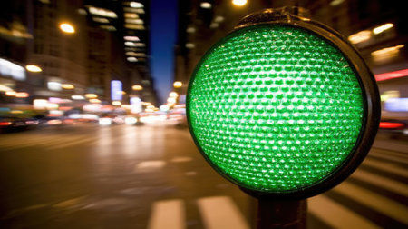 A close-up of a green traffic light illuminated against a blurred urban background, symbolizing movement and progress.の素材