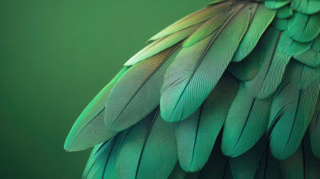 A close-up of a green parrot feather with intricate details, set against a soft-focus green background, highlighting its vibrant hue.の素材