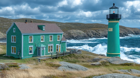 An image of a green lighthouse standing tall on a rocky coastline, with waves crashing and a stormy sky overhead.の素材