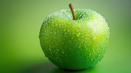 A close-up of a green apple with water droplets, set against a matching green background, emphasizing freshness and vitality.の素材